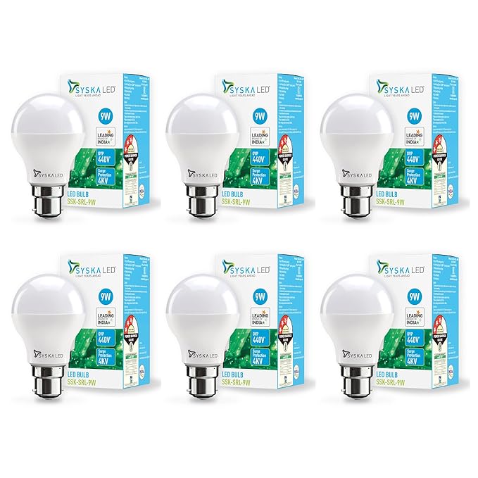 SYSKA Ssk-Srl-9W- Base B22D 9-Watt Led Bulb (Pack Of 6, Cool Day Light) at Rs. 435