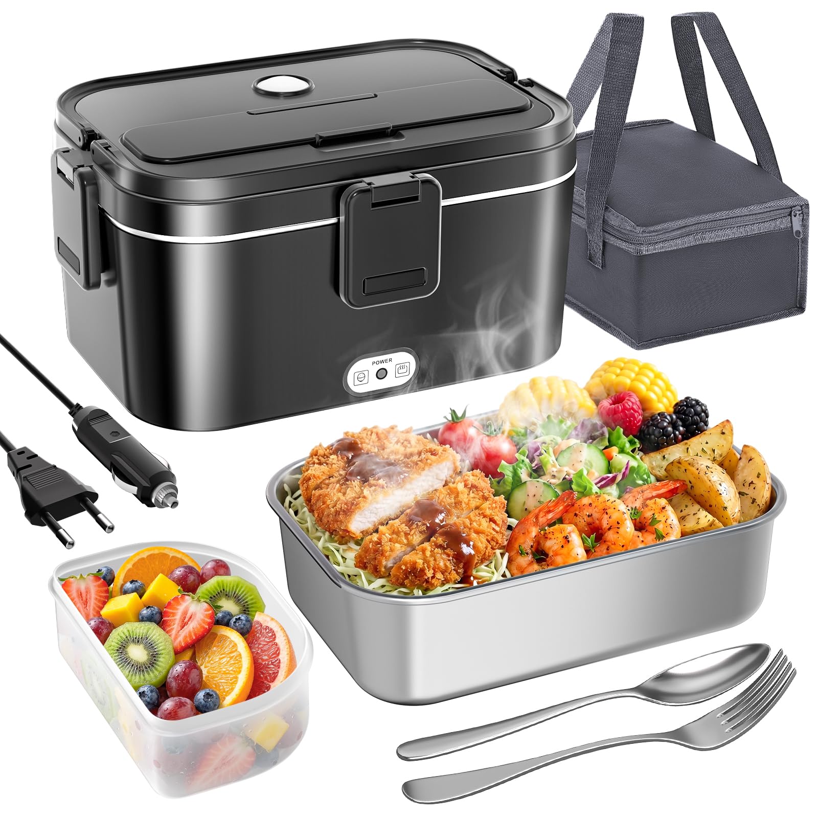 Elektrische Lunchbox 120W 1,8L 12V/24V/230V für Auto/LKW/Büro Auslaufsicher | Herausnehmbarer Edelstahl-Innenbehälter, Leicht zu Reinigen, Inklusive Gabel & Löffel, 0,45L Obstbox, Tragbar für Unterwegs