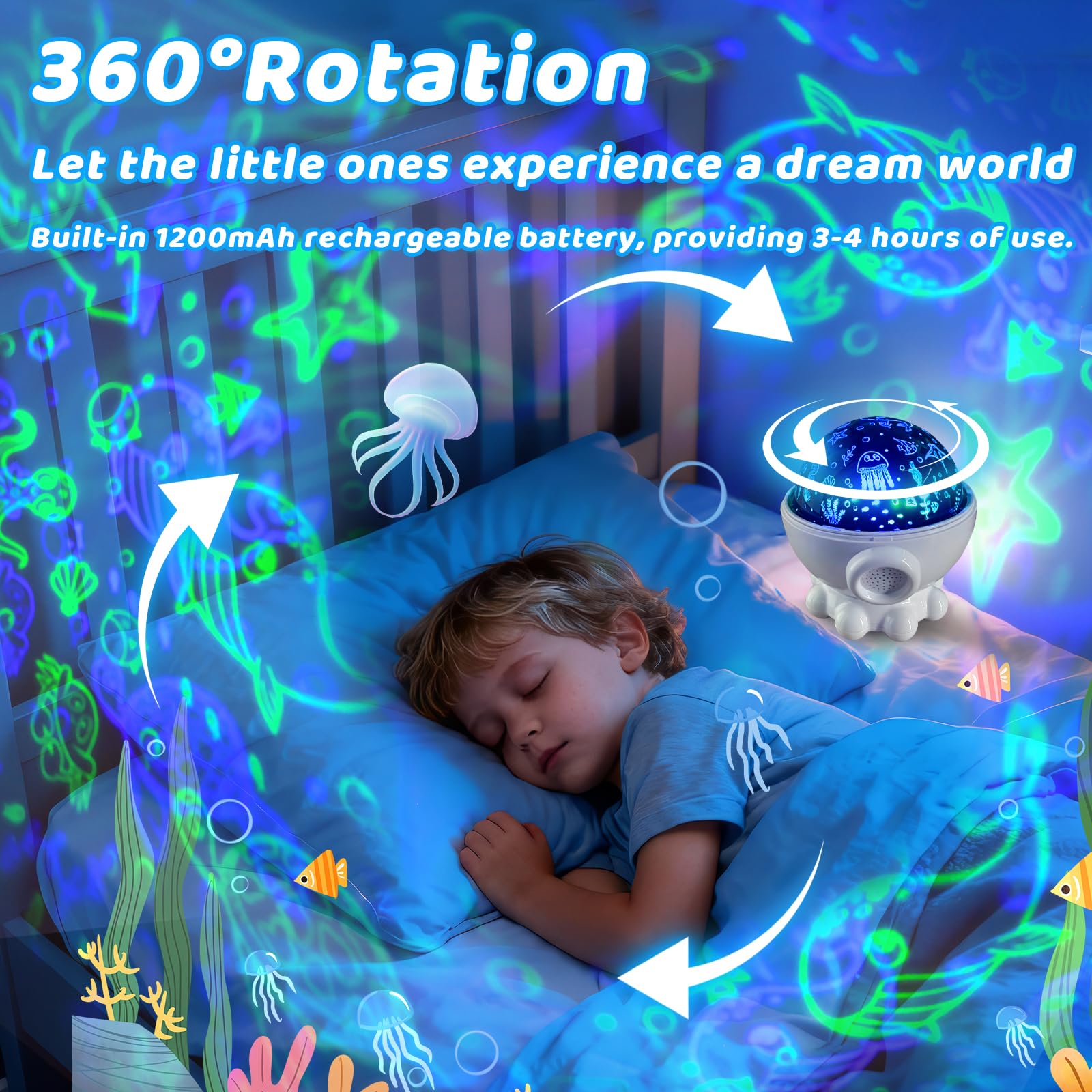 Proyector de luz nocturna para niños, 17 modos de luz, proyector de estrellas oceánicas con rotación de 360°, 3 películas de proyección y 9 canciones de cuna, lámpara de noche para guardería con