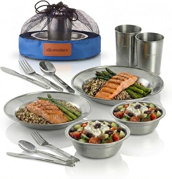 Unique Complete Messware Kit Polished Stainless Steel Dishes Set| Tableware| Dinnerware| Camping| Includes - Cups | Plates| Bowls| Cutlery| in Mesh Bags