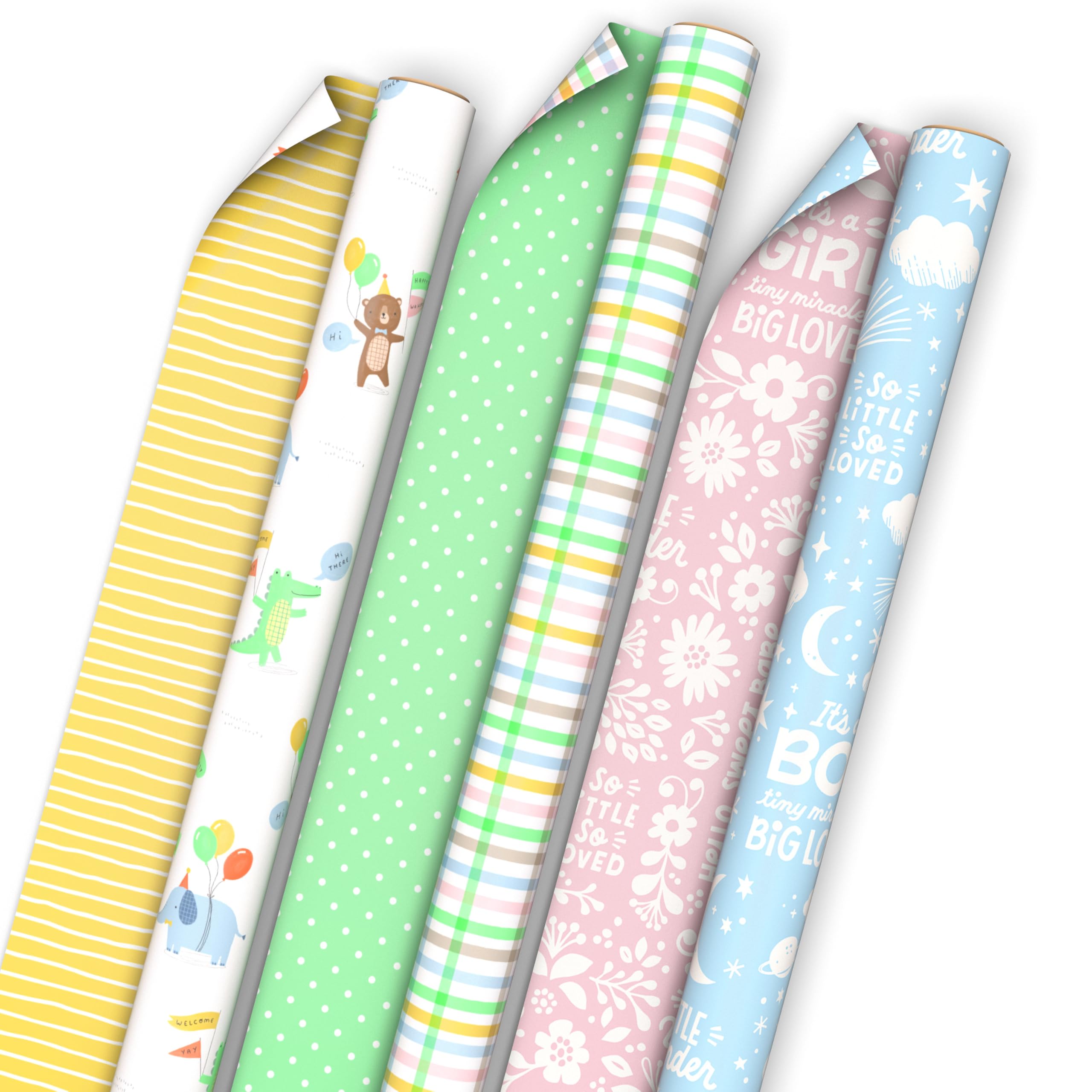 Hallmark Baby Shower Reversible Wrapping Paper Rolls (3 Rolls: 75 Sq. Ft. Total) Party Animals, Yellow Stripes, Mint Green Polka Dots, Pastel Plaid,