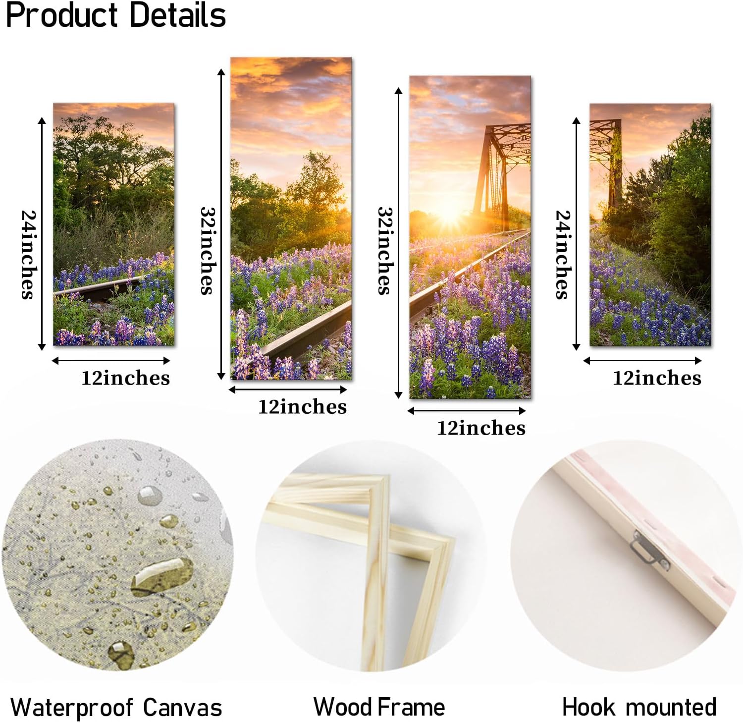 OuElegent Bluebonnet Field Wall Art Canvas Bluebonnet Pictures Wall Decor Framed Floral Sunset Landscape Art Painting for Living Room Home Decor 4 Pieces