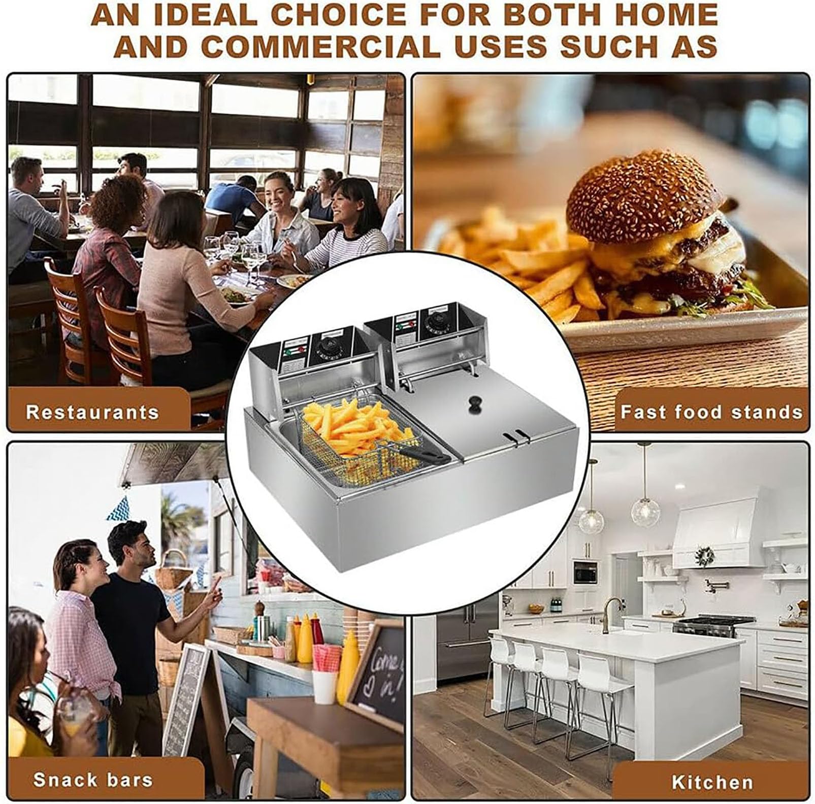 Freidora eléctrica de acero inoxidable con cesta y tapa, freidora de alta resistencia para encimera, ideal para cocina, restaurante