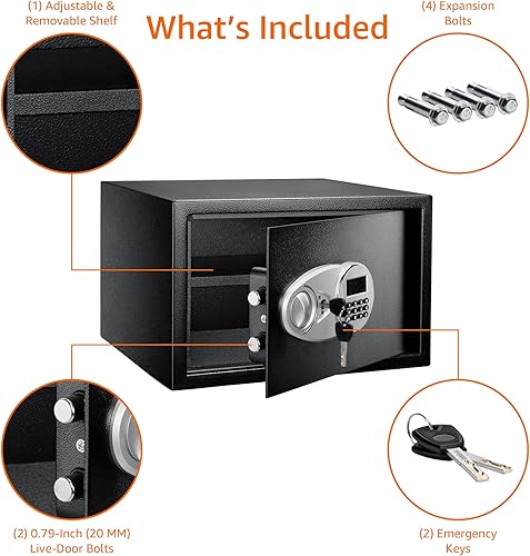 Miniatura 17 de Yaxa Basics Caja fuerte de seguridad de acero con teclado electrónico, para efectivo, joyas, documentos, negro, 0.5 pies cúbicos, 13.8 pulgadas