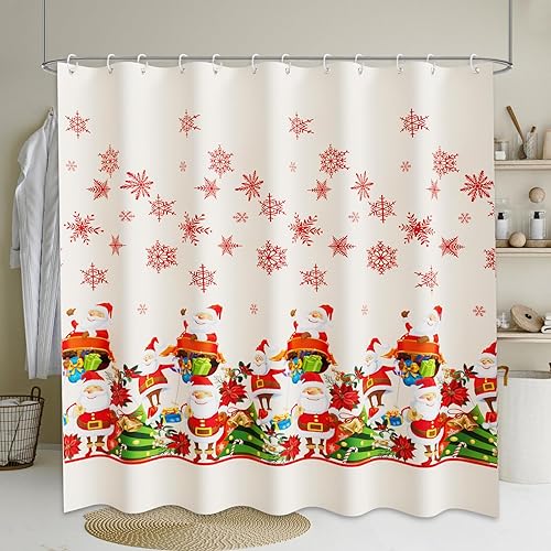 Miniatura 2 de Juego de cortinas de ducha de Navidad, cortina de ducha de copos de nieve de Papá Noel con 12 ganchos, cortina de baño de tela impermeable blanca