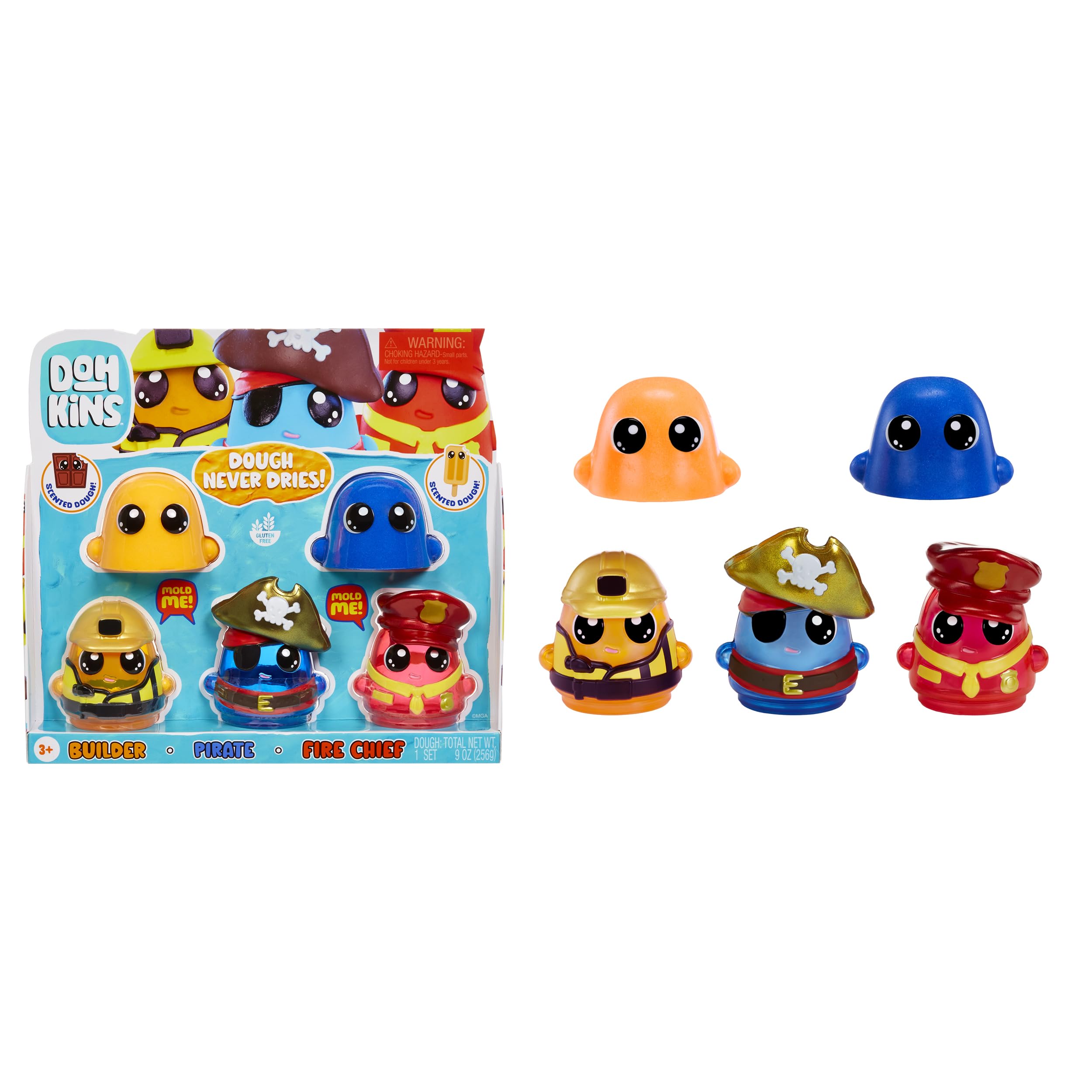 DohKins Hero Pack Characters (Builder, Pirate, Fire Chief) - Dough Never Dries, No Gluten, Suitable for Collectors & Kids Ages 3+