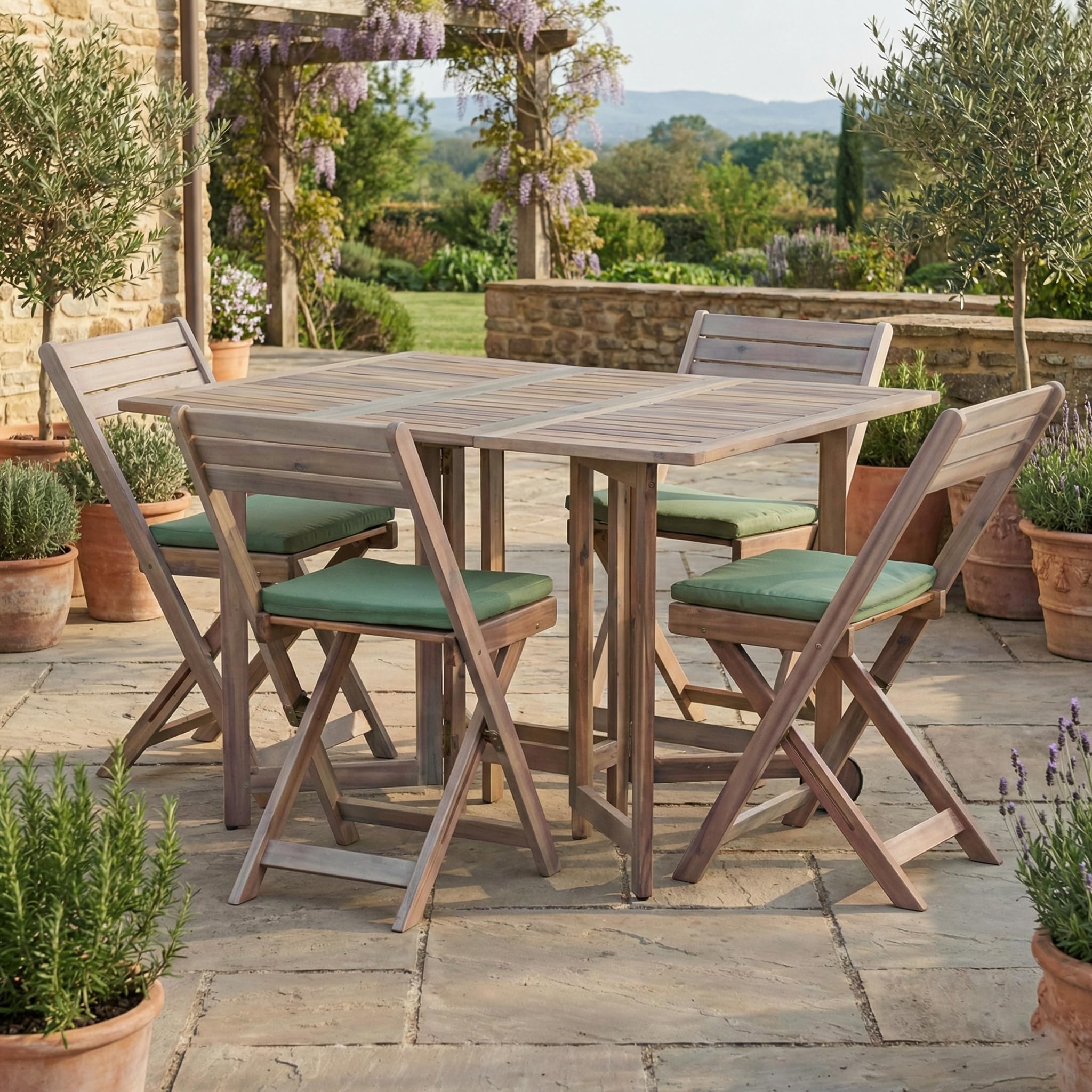 Brigros Estosa Set tavolo in legno da giardino Acacia 4 sedie pieghevole trasportabile