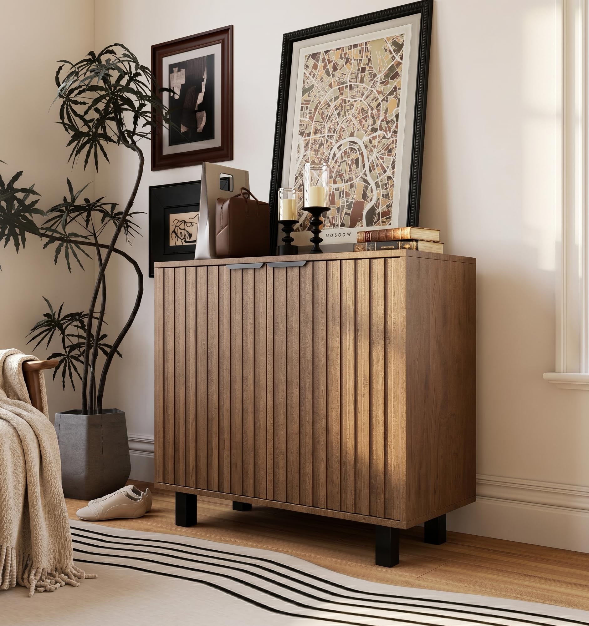 Sideboard Buffet Cabinet Storage for Entryway with Doors, Modern Fluted Shoe Organizer with Adjustable Shelves, Freestanding Hidden Shoe Rack with