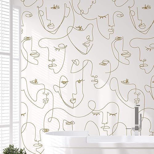 Miniatura 3 de Simple Shapes Mural de arte minimalista de línea facial (6 hojas (2 x 9 pies), dorado)