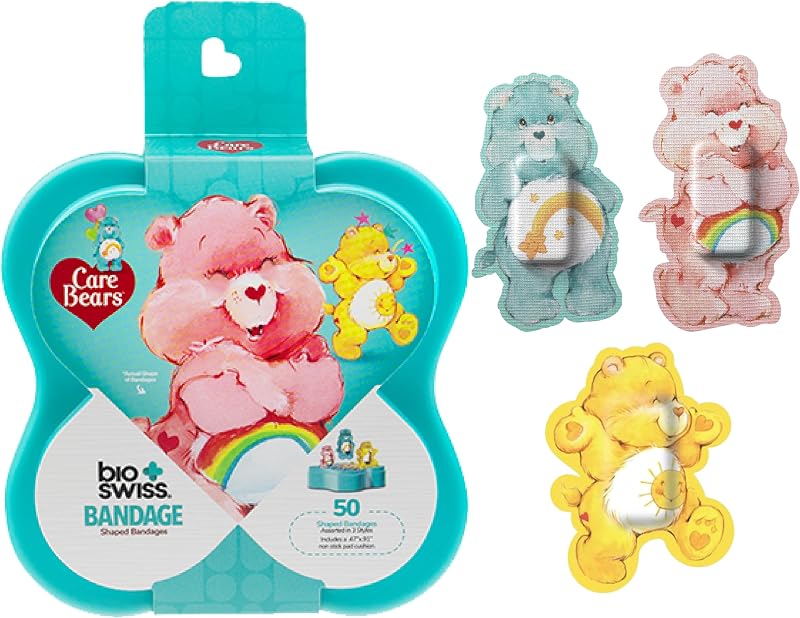 BioSwiss Care Bears Bandages, Classic Care Bear Shaped Self Adhesive Bandage Set, Latex Free, Sterile Wound Care, 50 Count