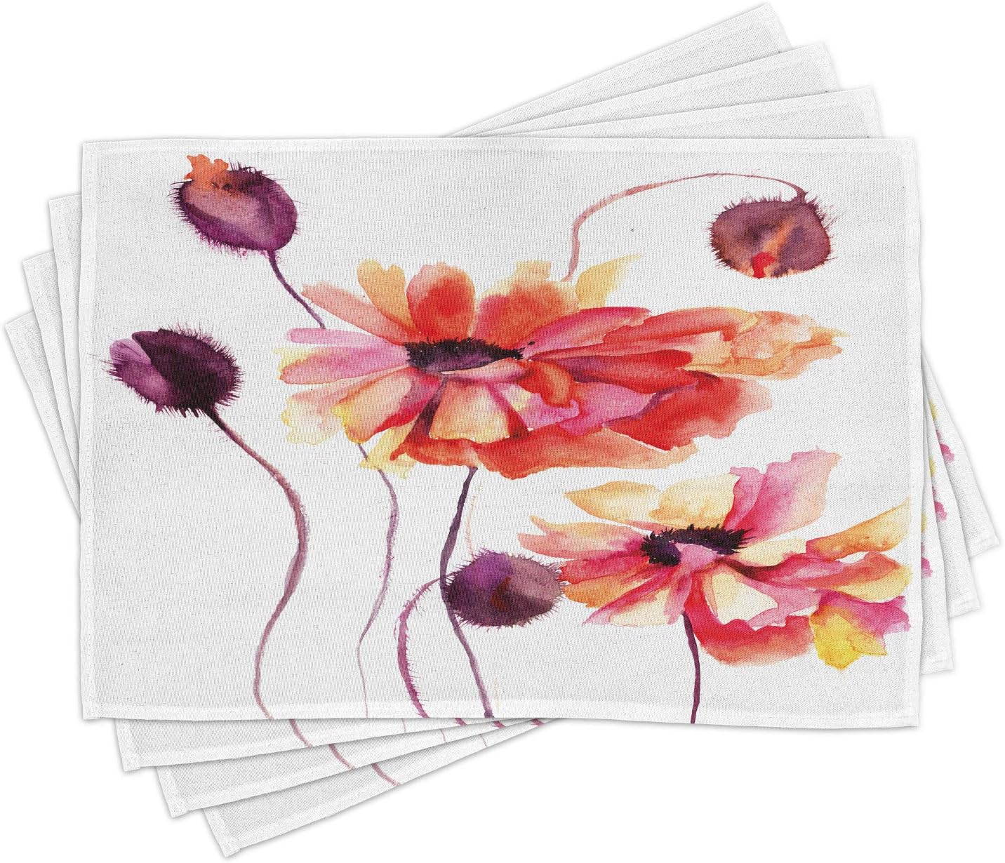 Ambesonne Floral Place Mats Set of 4, Watercolor Painting Poppy Flowers and Buds Spring Nature Design, Washable Fabric Placemats for Dining Table, Standard Size, Dark Brown