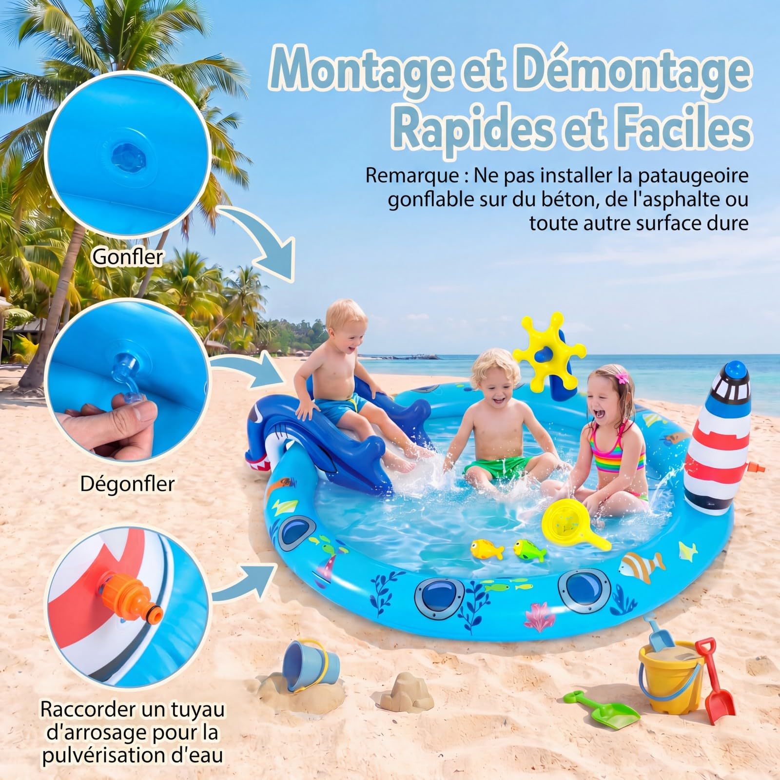 SOARS Piscina Gonfiabile Bambini, Parco Giochi Acquatico a Tema Marino con Scivolo, Irrigatore, Timone, 2 Pesci Giocattolo, Retino e 2 Toppe di Riparazione per Bambini 2-6 Anni, 188 X 153 X 63 CM