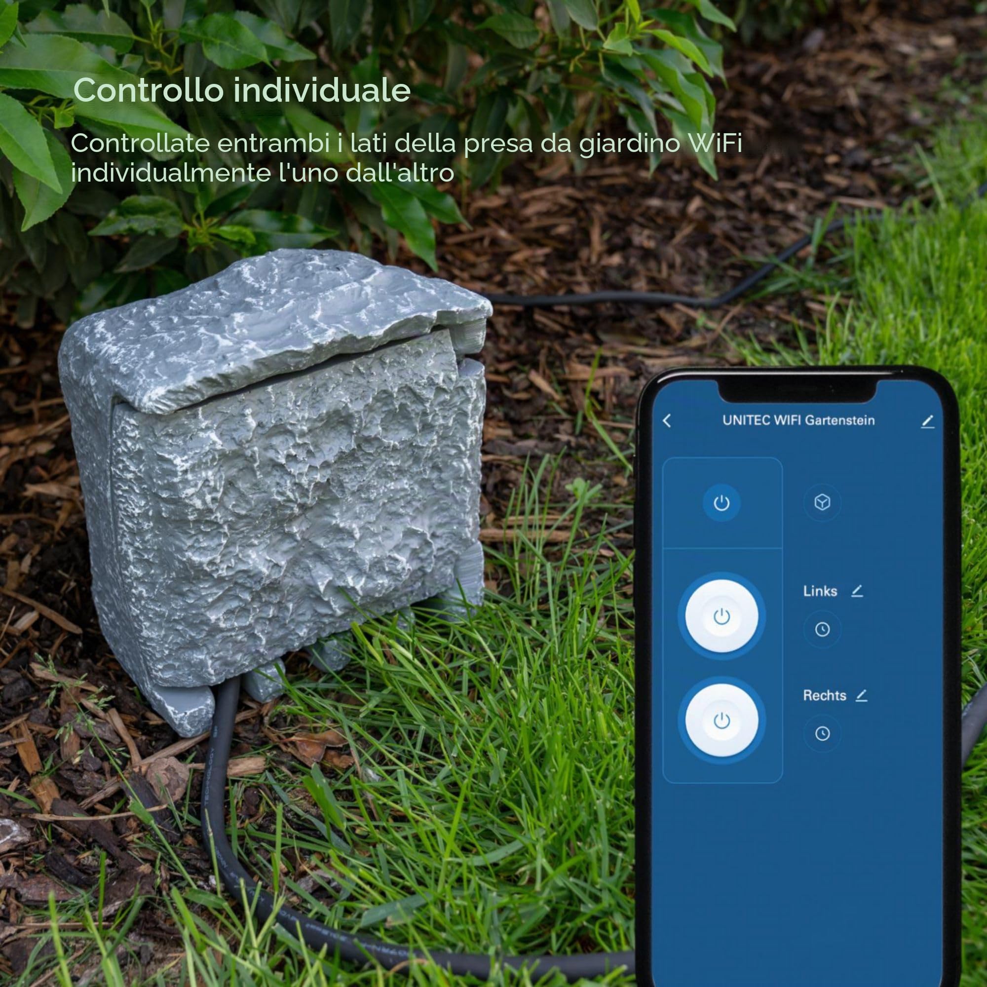 UNITEC Distributore di prese WiFi per giardino effetto pietra, presa da giardino, presa esterna, IP 44, 4 prese, cubi