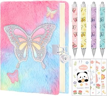 Fluffy Butterfly Diary with Lock for girls, 6 7 8 year old girl Birthday Gifts, Princess Diaries Girls diary journals, Back to School Supplies Notebook, Birthday Christmas Gifts for daughter granddaughter niece