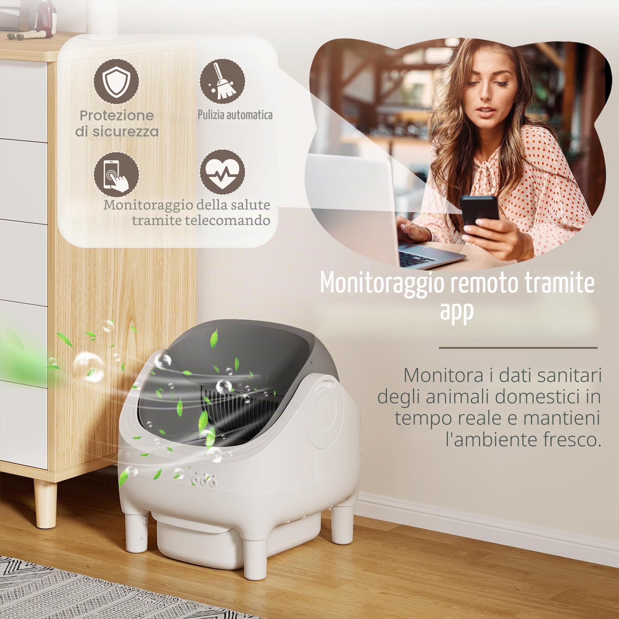 JUMMICO Lettiera per gatti autopulente con controllo app, capacità XXL 12 l (15 giorni), design aperto e sicuro per tutti i gatti (1,5 – 15 kg), con monitor sanitario e controllo degli odori