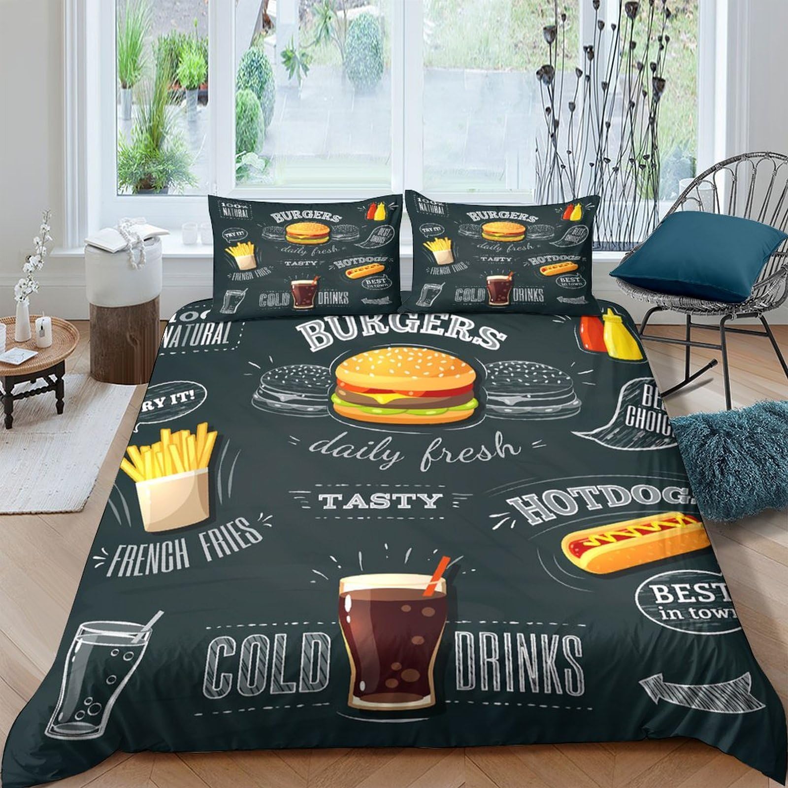 Ctjqhvkz Style-5 3D Printed Burger Pattern Fitted Sheet Microfiber Soft Fast Food Theme Bed Cover For Bedroom Dorm Decor Protection Single（135X200cm）