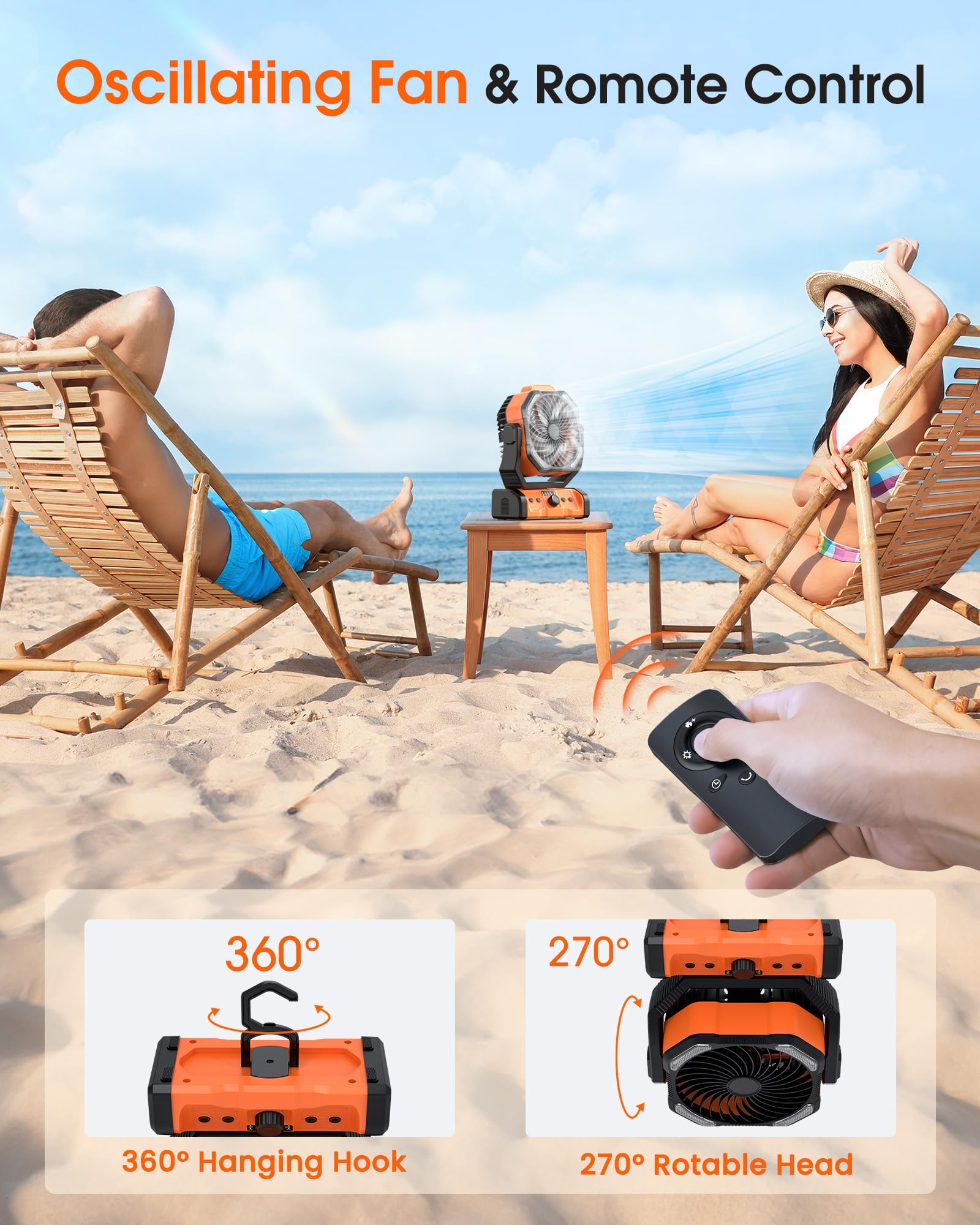 Portable Rechargeable Fan With LED Lantern - 20000mAh Battery, Remote Control, Timer, For Camping, Travel, Bedroom, Office