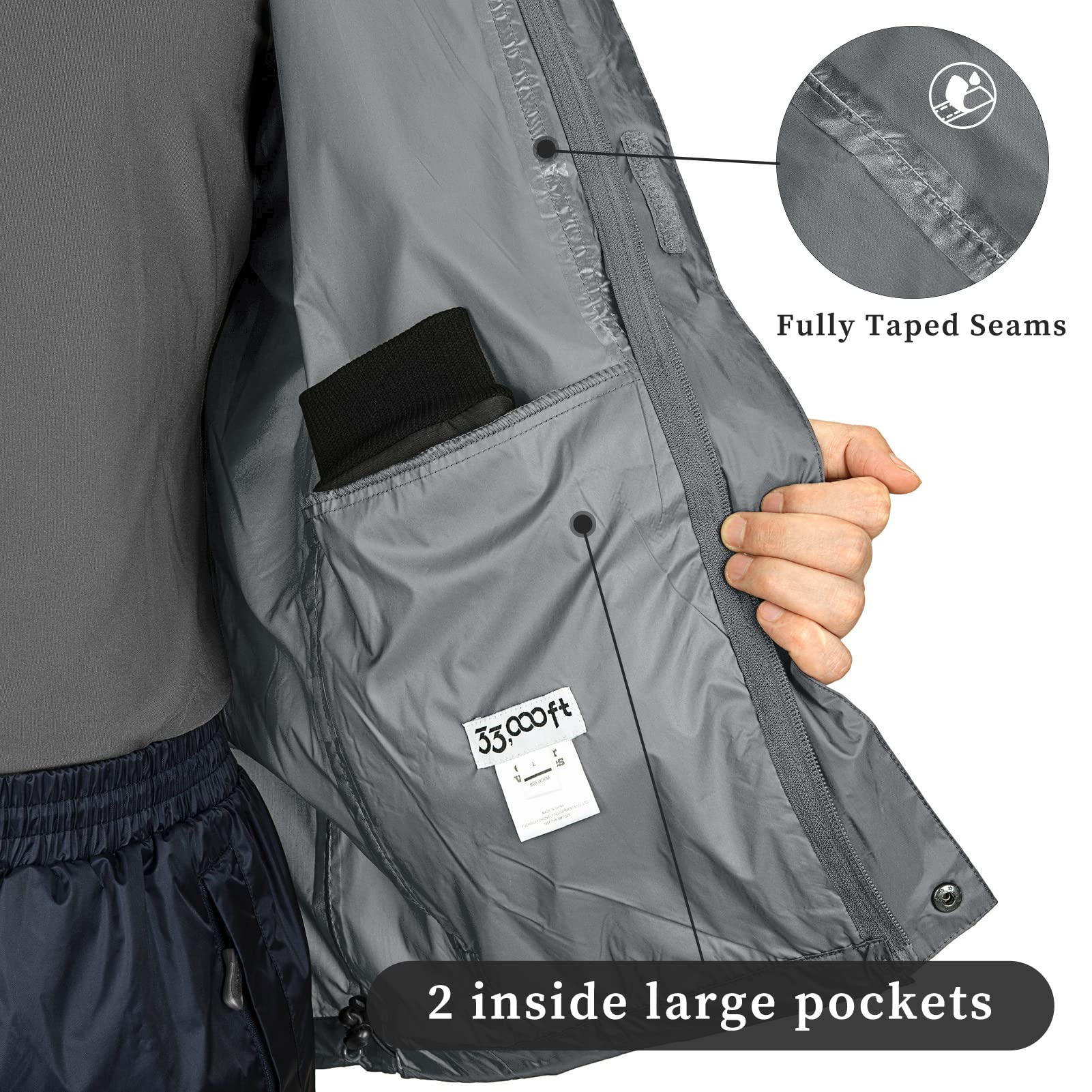 33,000ft Veste de pluie légère imperméable pliable avec capuche pour vélo Coupe-vent Camping Outdoor, gris, XL