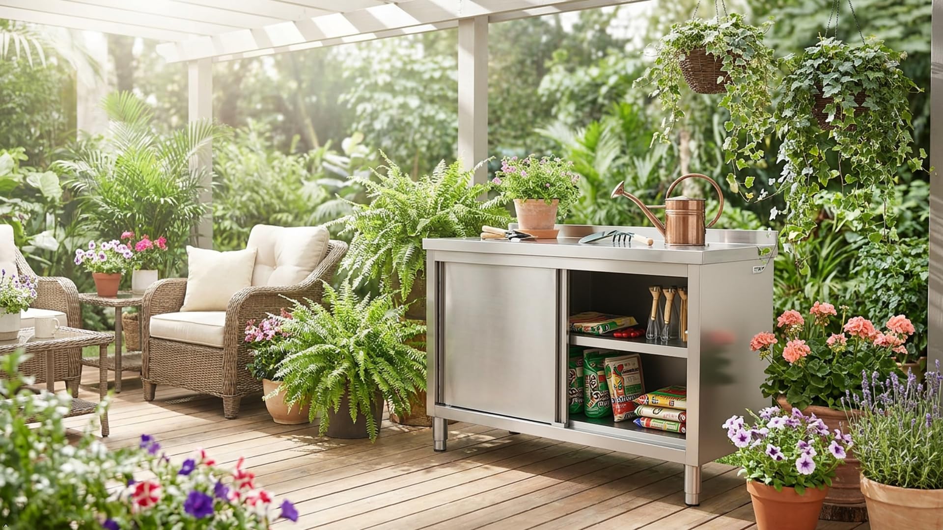 Edelstahl Arbeitsbank Küche & Außenküche, 120x50x86cm wetterfest rostfrei Schneidtisch mit Unterschrank, verstellbare Höhe für Innen Außen Garten Balkon Terrasse (Silber)