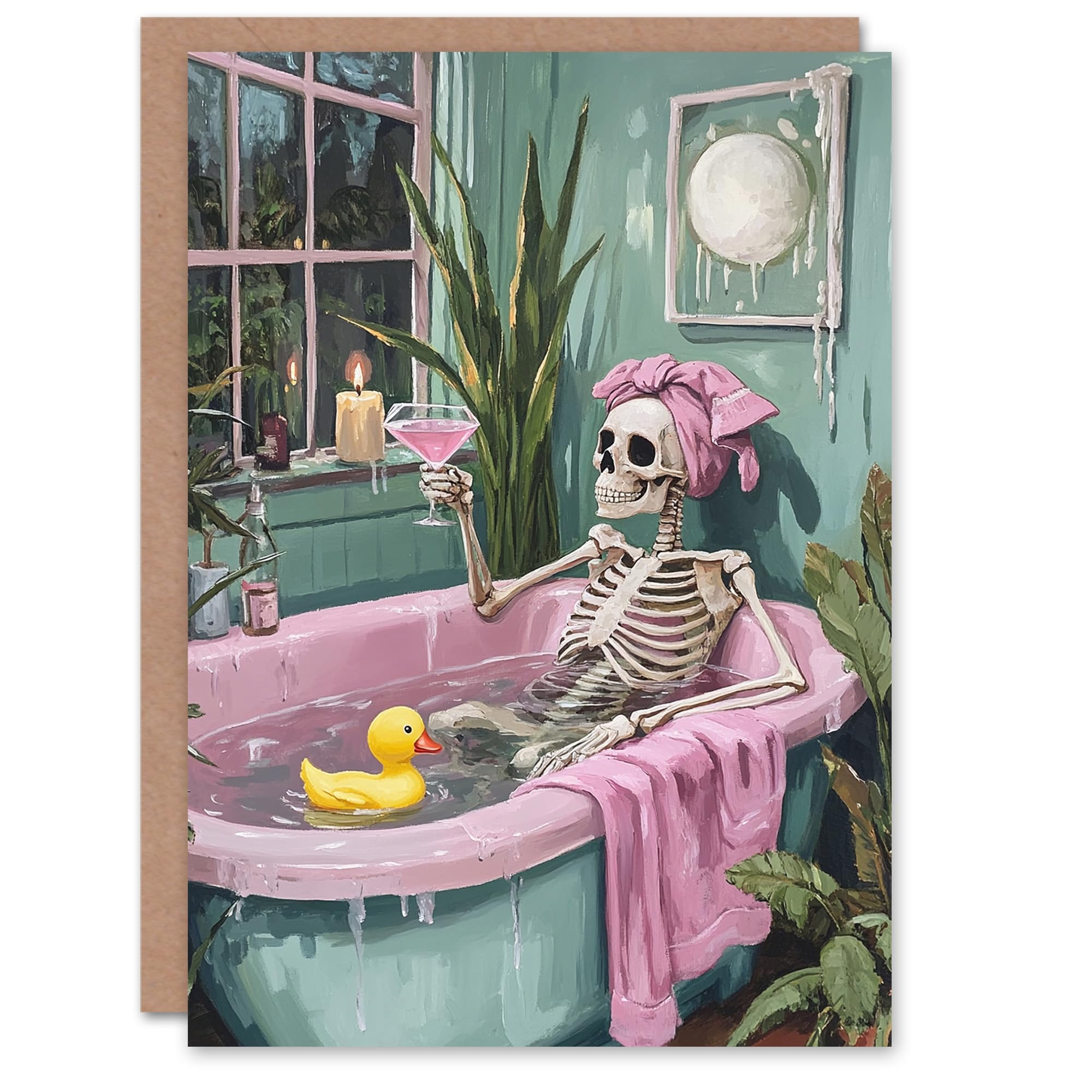 Wee Blue Coo Skeleton Bath Time Cocktail Fun Funny Trick or Treat Haunted Scary Halloween Card Blank For All