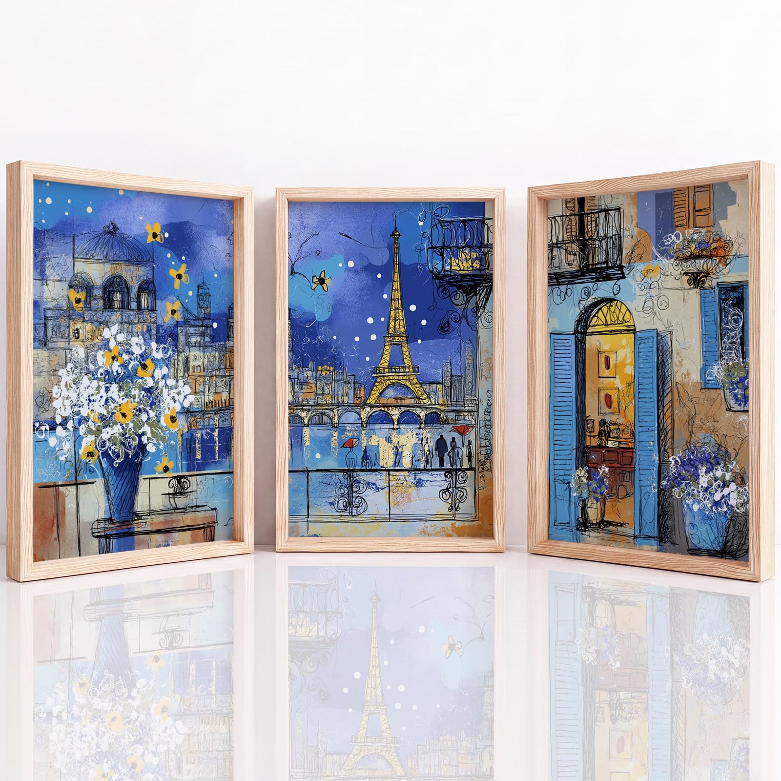 Generisch 3 piezas de arte mural pósteres, paisaje urbano estético murales para sala de estar dormitorio decoración, impresionista Torre Eiffel flor noche romántico lienzo imágenes 42 x 59,4 cm x 3