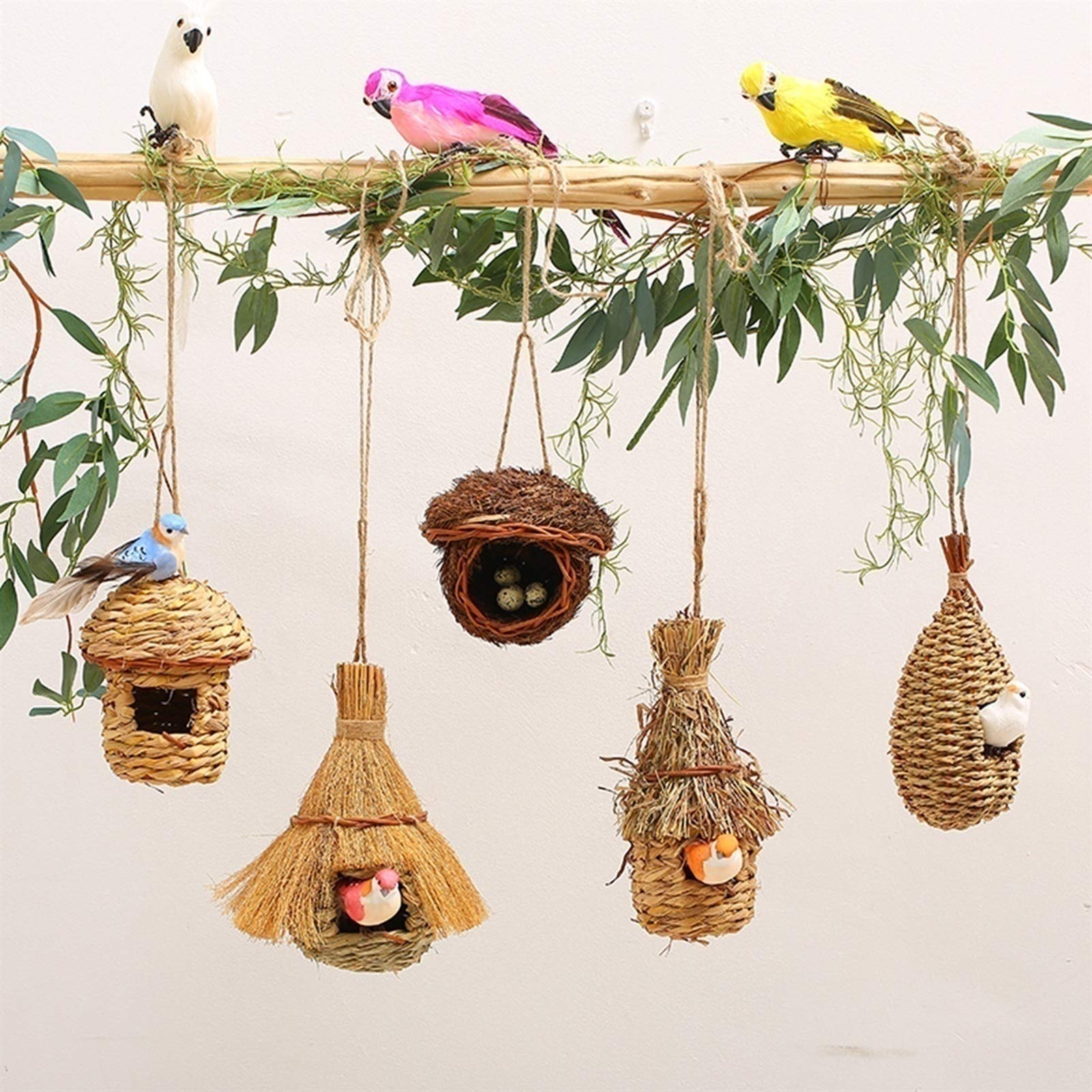 Nido de pájaro de Fibra sintética con cordón, Que se Puede Colgar en el Techo de Las Ramas del jardín, un Lugar de Descanso para Que los pájaros se reproduzcan