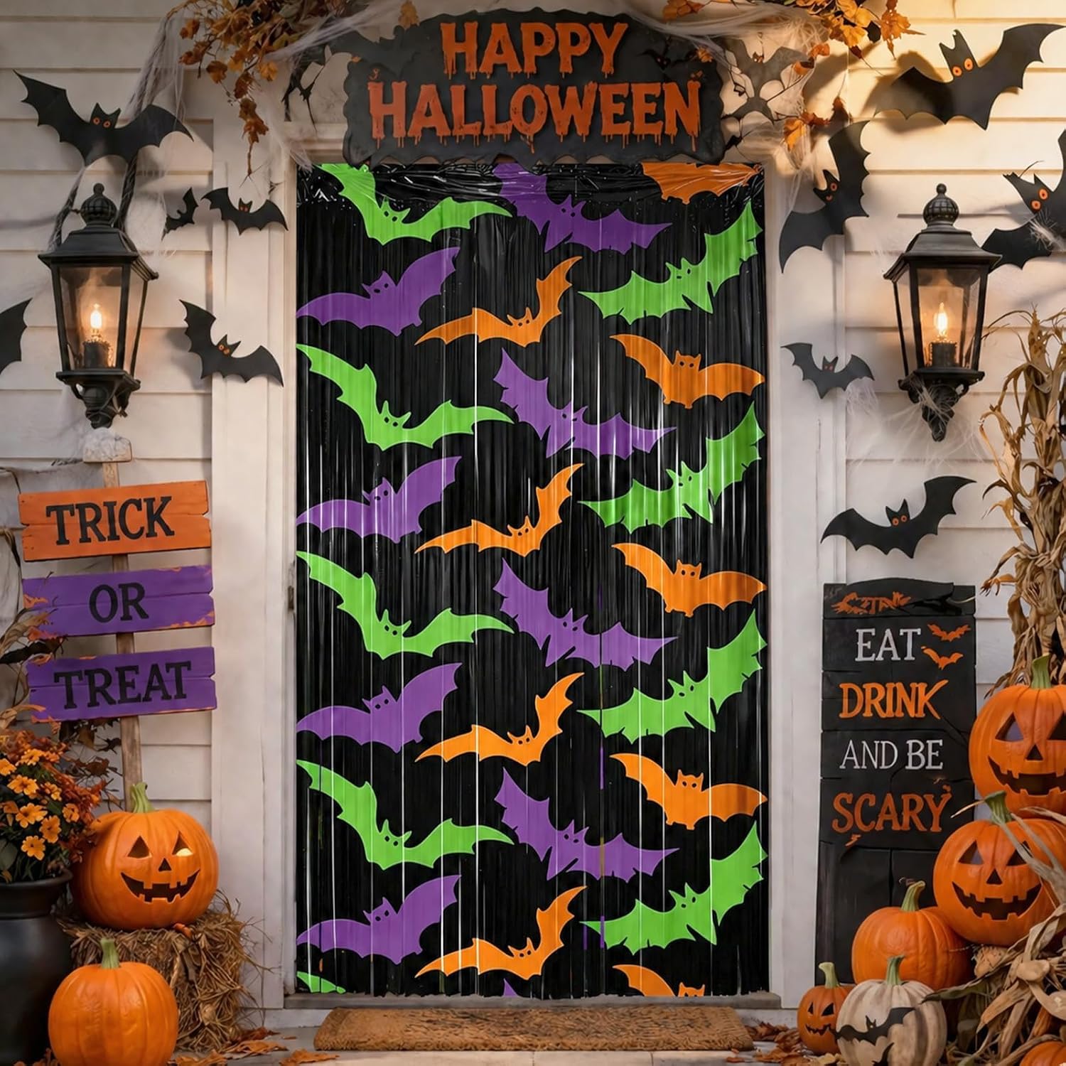 Fayoo 2 Pack Halloween Decorations Glow in Dark Bat Foil Fringe Curtains