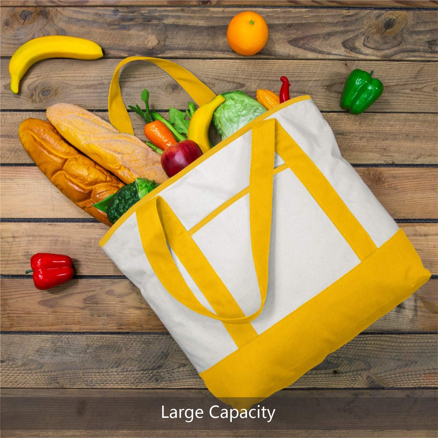 TOPDesign Stylish Canvas Tote Bag with External & Internal Pockets, Open Top, Daily Essentials (Yellow/Natural)