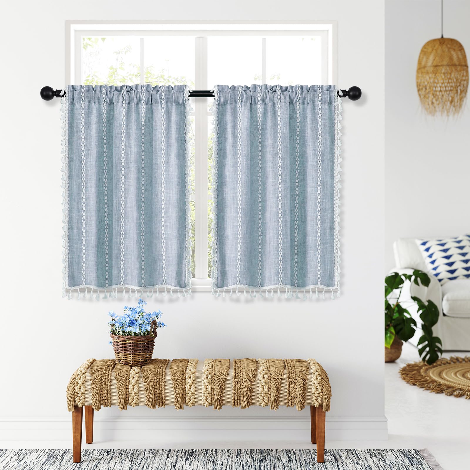 MitoVilla Boho Kitchen Curtains 36 Inch Length, 2 Panels Modern Farmhouse Short Cafe Curtains, French Country Small Tier Cotton Linen Curtain for RV/Bathroom/Basement/Laundry Room, Blue — image 1