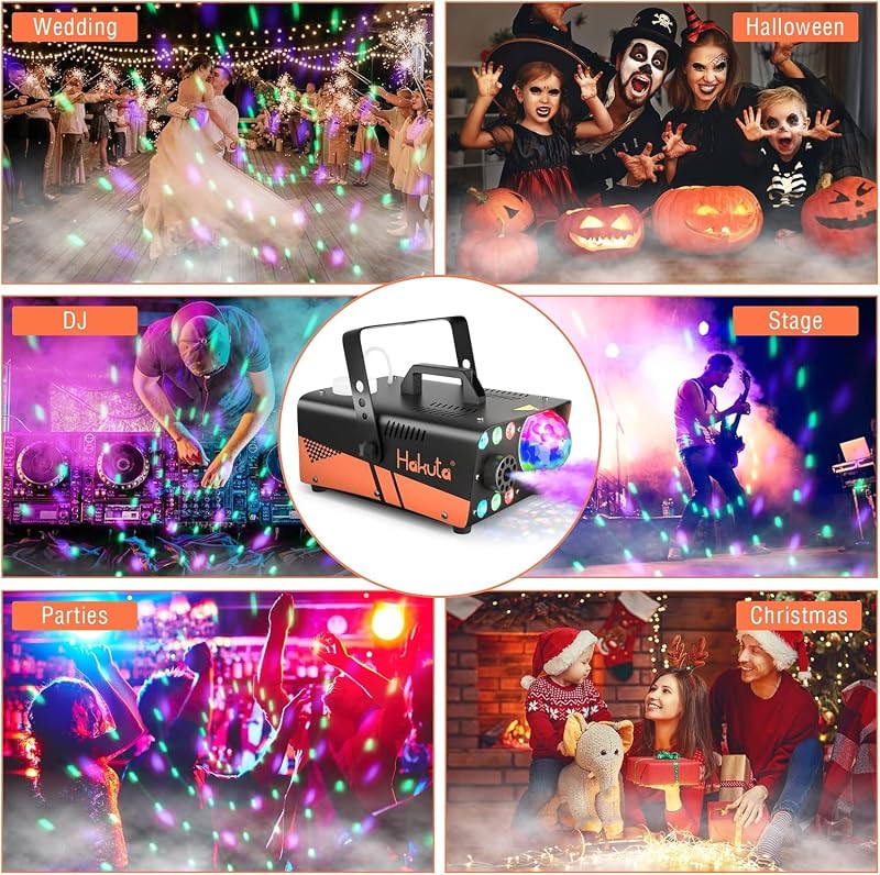 HAKUTA 600W Ködgép Diszkógömbbel és RGB LED Világítással - Automata Ködpermetezés 2300 CFM - Bulikhoz, Színpadi Előadásokhoz, Halloweenre
