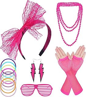 80s Costume for Women, 80s Accessories Fancy Dress Neon Headband Earrings Fishnet Gloves Necklace for 80s Retro Party