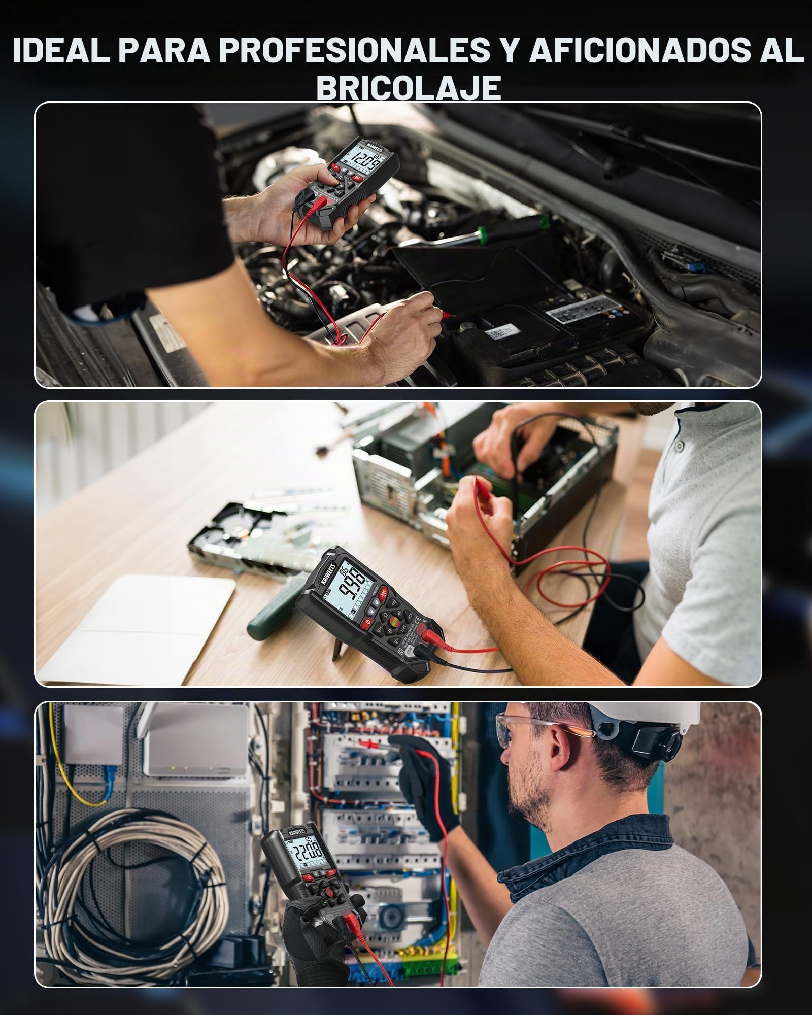 Multímetro Digital KAIWEETS con Control por Botones, 4000 Cuentas, Selección Automática de Rango, TRMS, Función NCV y Prueba de Cable Vivo, Mide Tensión CA/CC, Resistencia, Continuidad y Capacidad