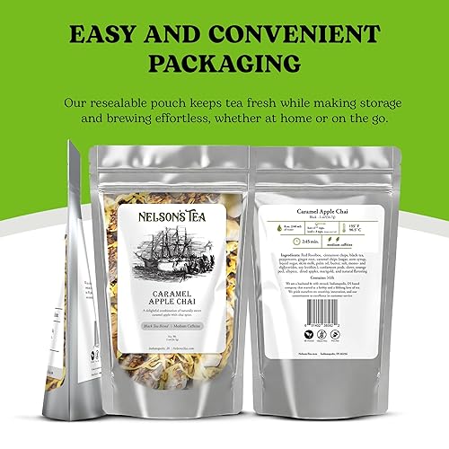 Vista 14 de Nelson's Tea Té Chai de manzana y caramelo con hojas sueltas, té rooibos rojo cortado y tamizado, té negro con chips de canela, pimienta, raíz