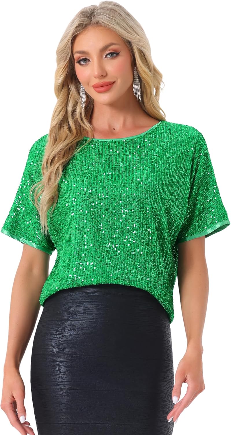 Allegra K Sequin Tops for Women's Sparkly Dolman Sleeve Disco Party Oversize Bling Glitter Blouse