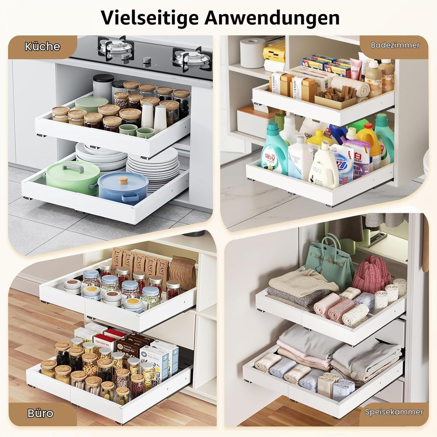 2 Stück 4 Richtungen Teleskopschublade ausziehbare Schublade Küche Ausziehbarer Schrank Organizer Metall Schrank-Schubladen-Organizer Breite 29–48 cm & Tiefe 42–55 cm