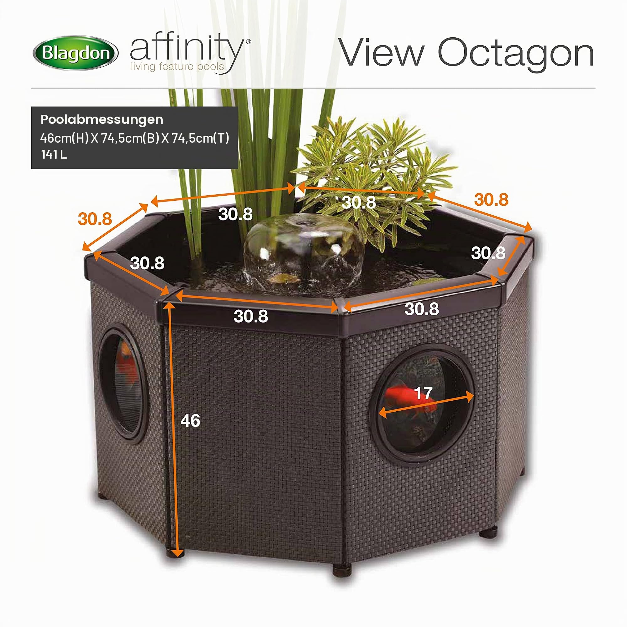 Blagdon Affinity View Octagon Living Water Feature Teichbecken achteckig mit Sichtfenstern