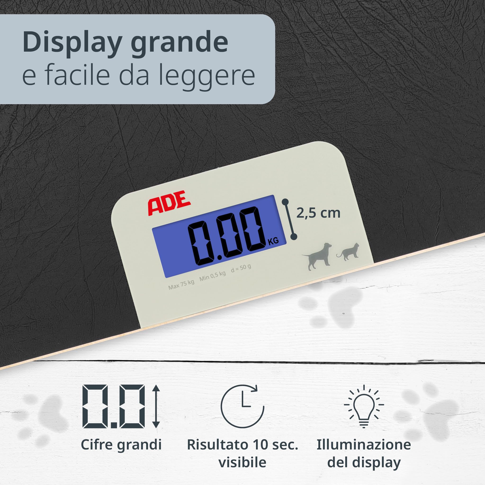 ADE Bilancia digitale per animali fino a 75 kg, bilancia per cani con gradini da 50 g, per animali domestici di piccole e medie dimensioni, superficie adatta alle zampe, anche come bilancia per gatti