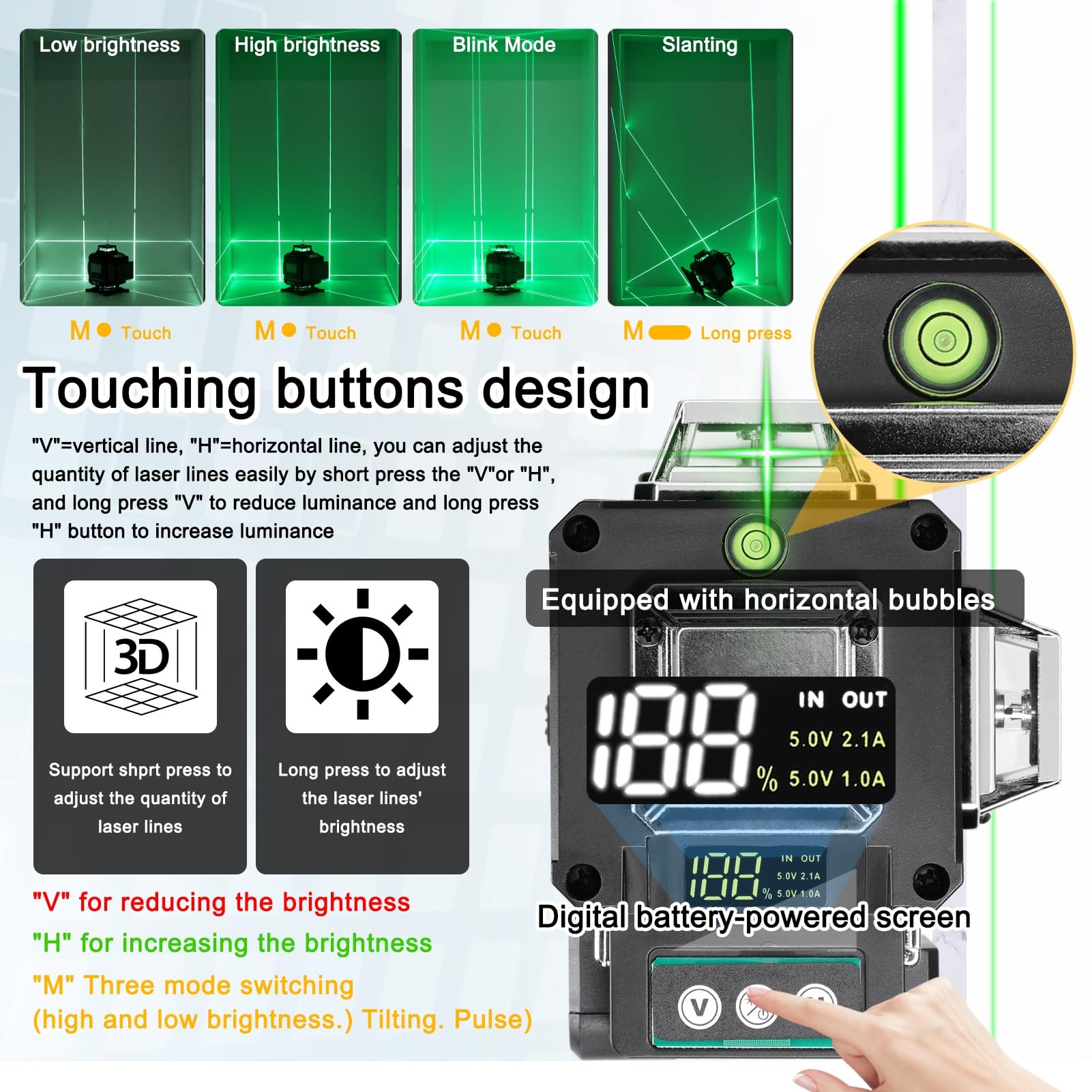 Geevorks Nivel láser multifuncional de 16 líneas, nivelación automática 3°, batería litio recargable, herramienta de nivelación omnidireccional, adhesivo para pared (Multicolor)