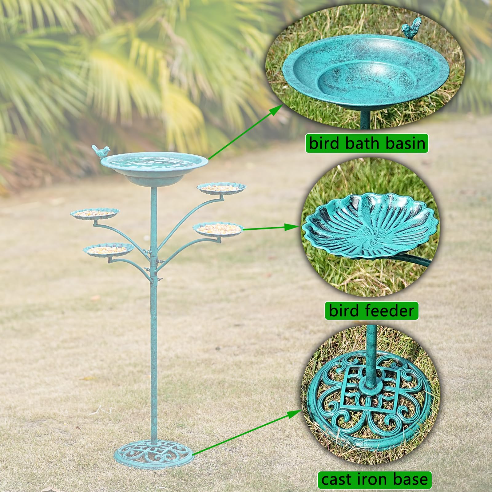 HOUYANG Vogeltränke aus Metall, 89,9 cm hoch, für draußen, stehender Vogelfutterspender | Gusseisen-Basis, Metall-Vogeltränke, Garten, Terrasse, Dekoration (grün)