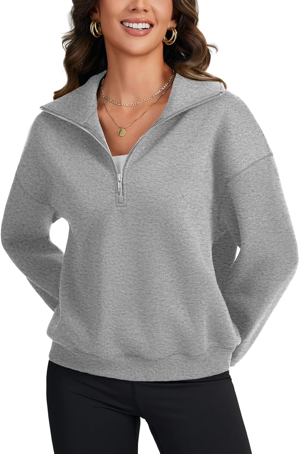 LYANER Women's Half Zip Long Sleeve V Neck Collar Drop Shoulder Pullover Casual Sweatshirts - Image 4