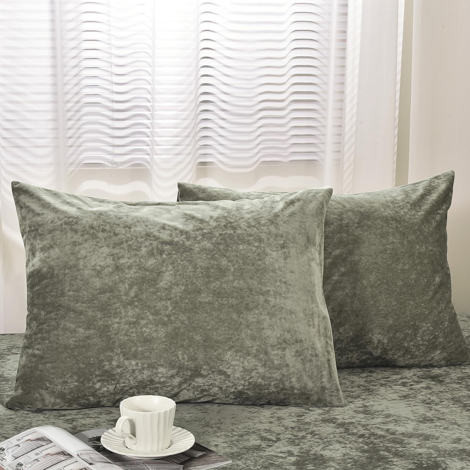 phf truly velvet pillowcases king size, no insert, 2 pack ultra soft breathable pillow shams covers with envelope closure, 20" x 36" luxury cozy warm fuzzy flannel pillow cases, smokey olive