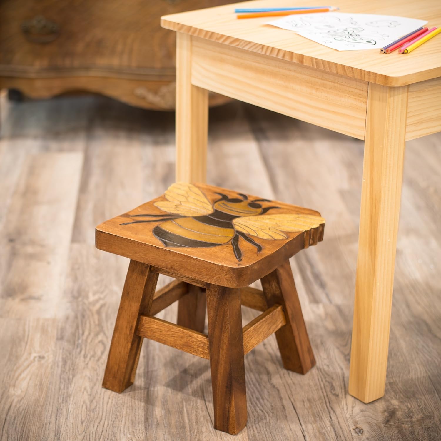 Sea Island Imports Bumble Bee Hand Carved Acacia Hardwood Decorative Short Stool