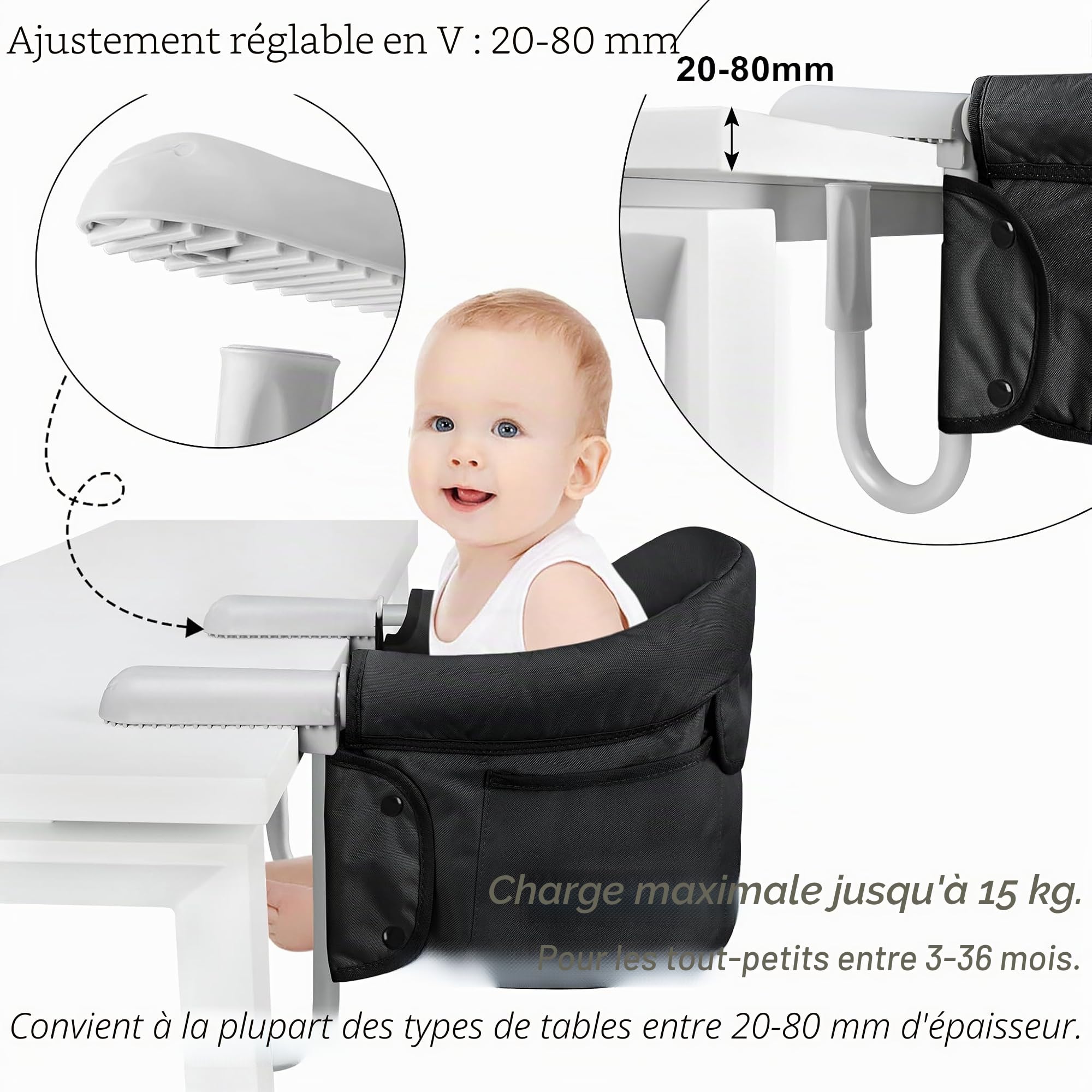LZQ Siège de table pour bébé de 6 à 36 mois - Pliable - Pour tables de 2 à 8 cm d'épaisseur - Avec pinces antidérapantes et sac d'assise - Noir