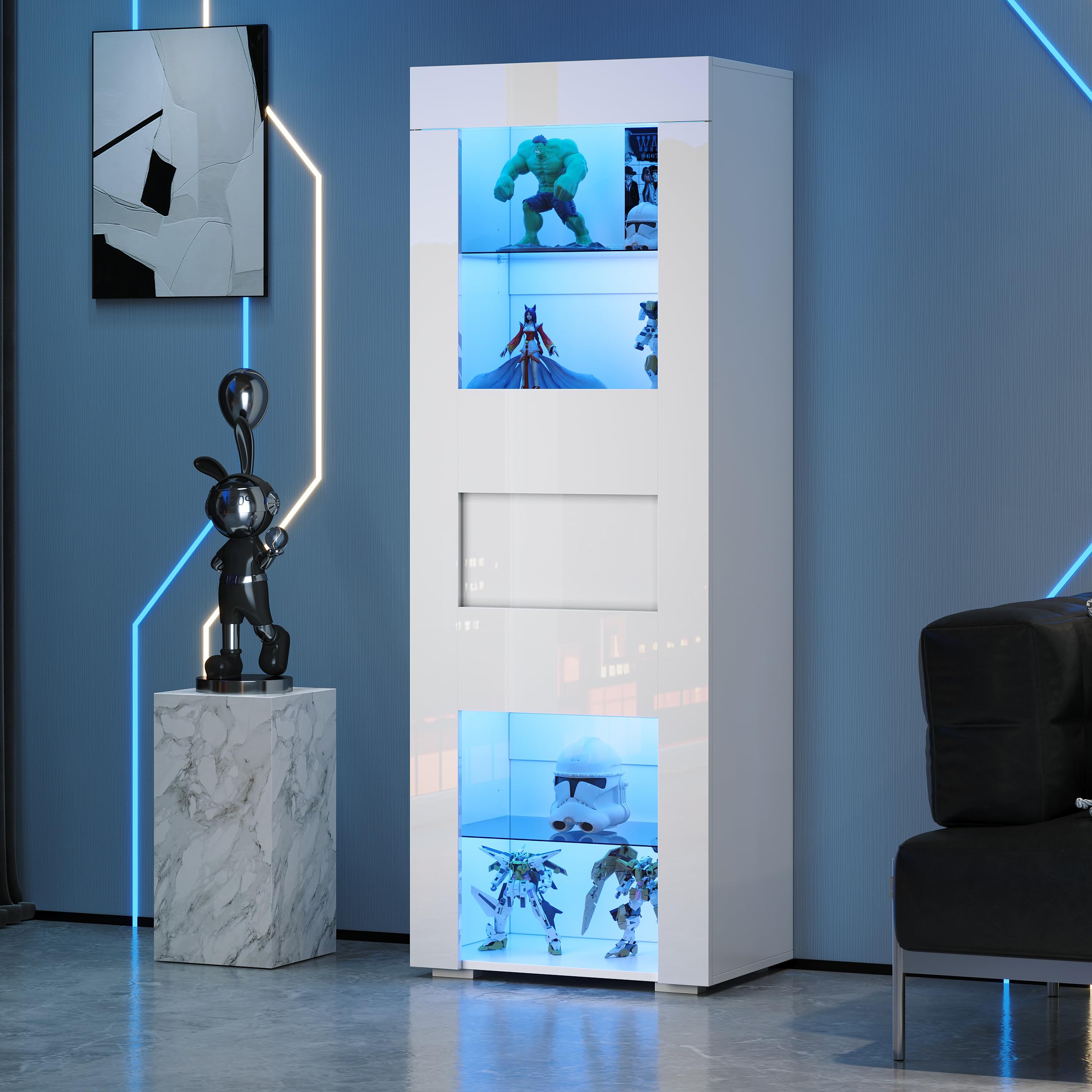 Armario, vitrina de puerta de armario de acrílico, armario de almacenamiento brillante con iluminación LED, 2 estantes de cristal, tablero alto, armario de salón, armario alto, armario de sofá, color
