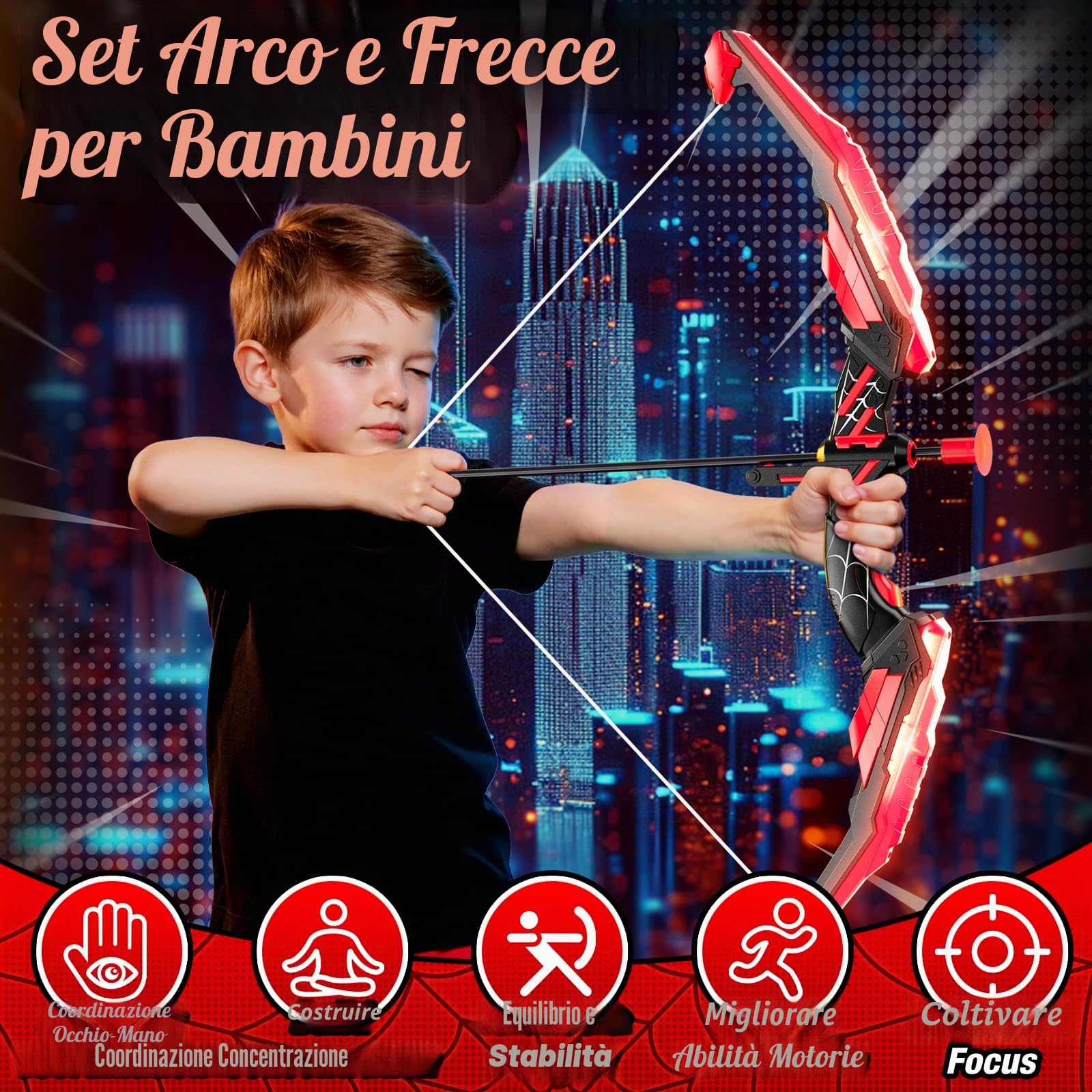 HYES Tiro con l'arco Freccia e Arco per Bambini Kit Arco e Freccia Giocattolo con Luci a LED, Frecce a Ventosa, Bersaglio, Frecce e Bersagli di Punteggio, Giocattolo Interno ed Esterno