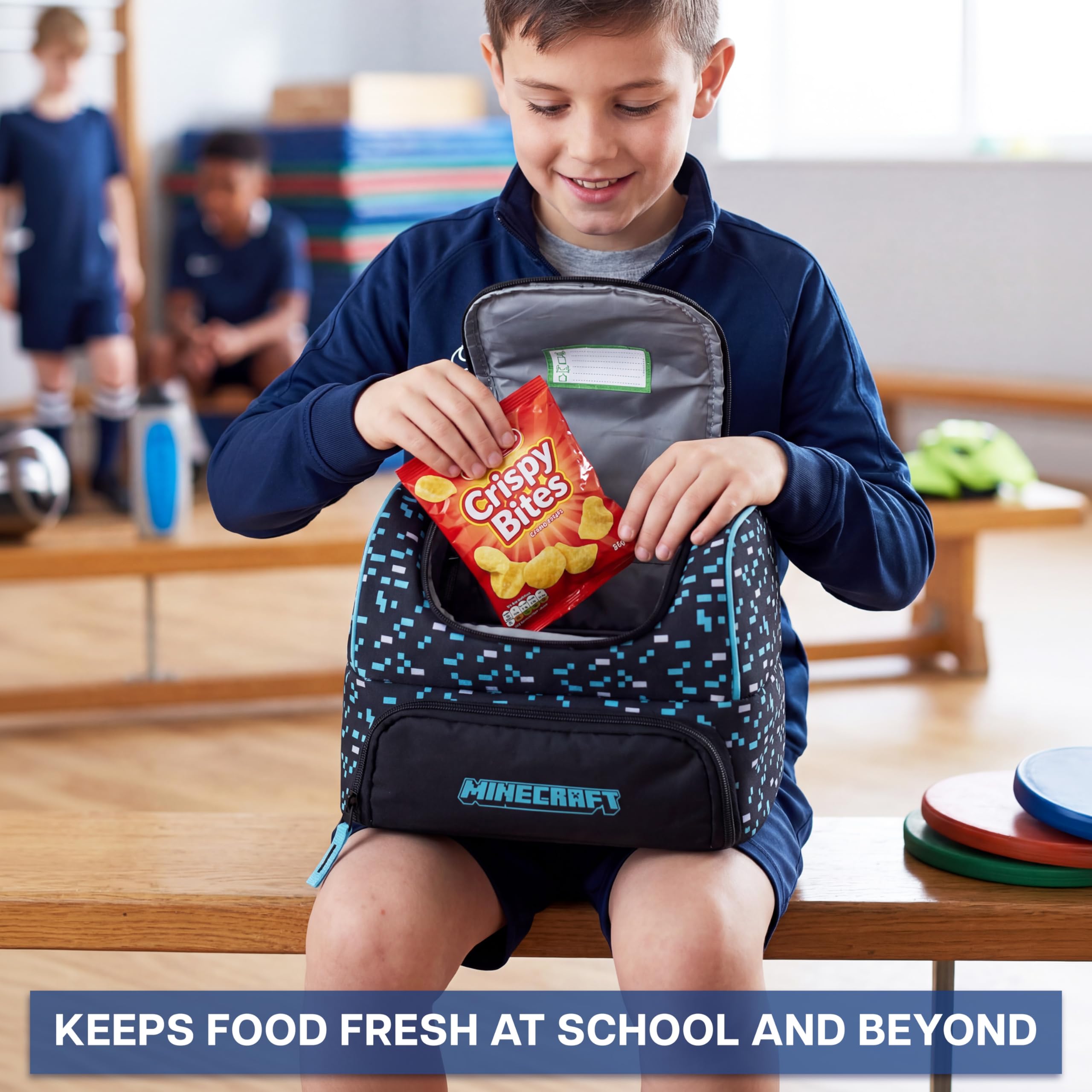 Get Trend Minecraft Borsa Termica Porta Pranzo Bambini con 2 Scomparti Isolati Doppia Zip, Borsa Pranzo con Fodera Argentata, Manico ed Etichetta ID per Scuola e Picnic, Idea Regali (Blu/Nero)