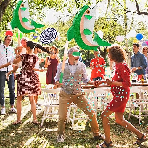 Miniatura 6 de Piñata de pescado con palo, venda y confeti, piñata en forma de pez para ir de pesca, fiesta, temática de animales, decoraciones de cumpleaños para