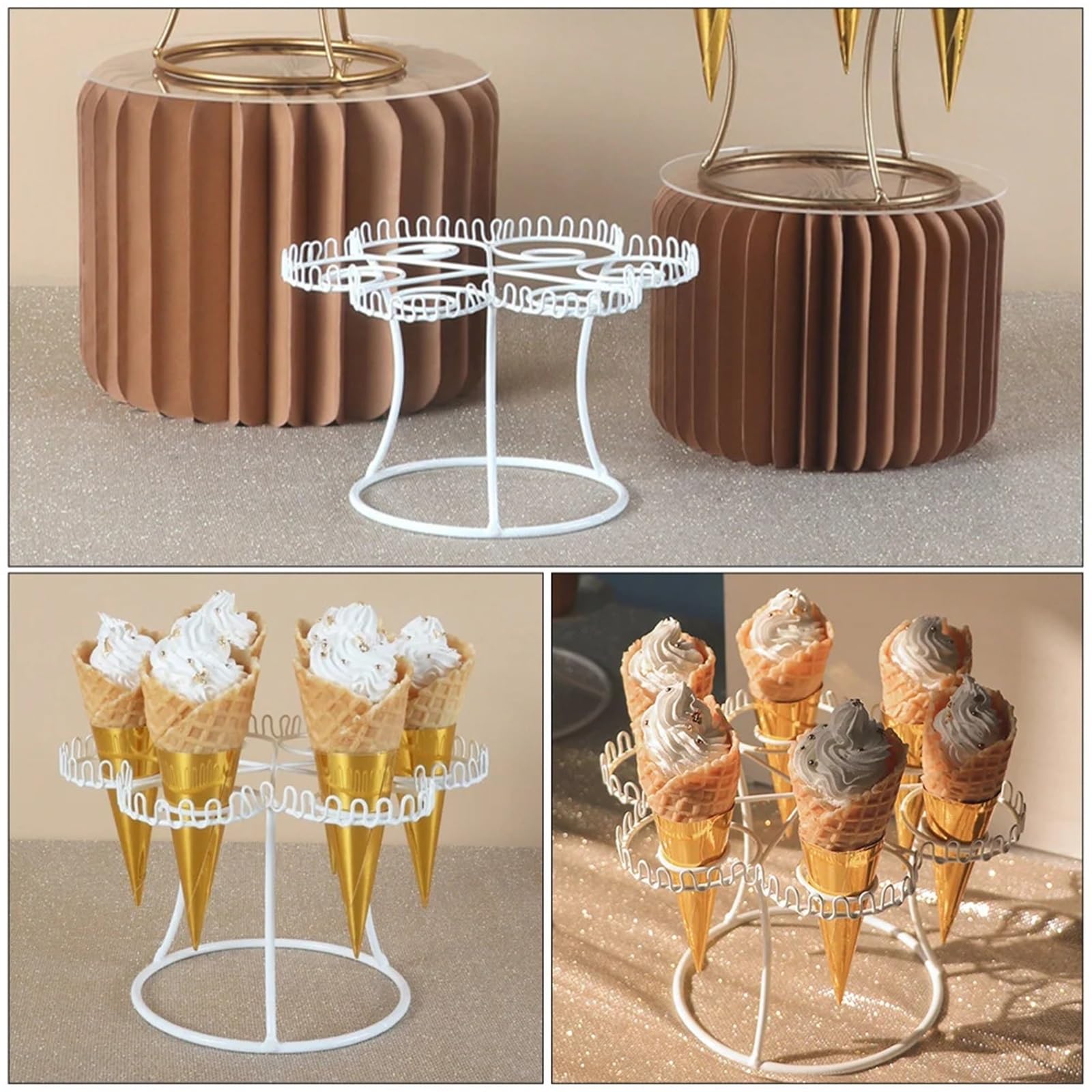 Support pour CôNes De Glace Table à Desserts Support de Maintien de crème glacée en métal présentoir à cône Support de cône de crème glacée(Golden)