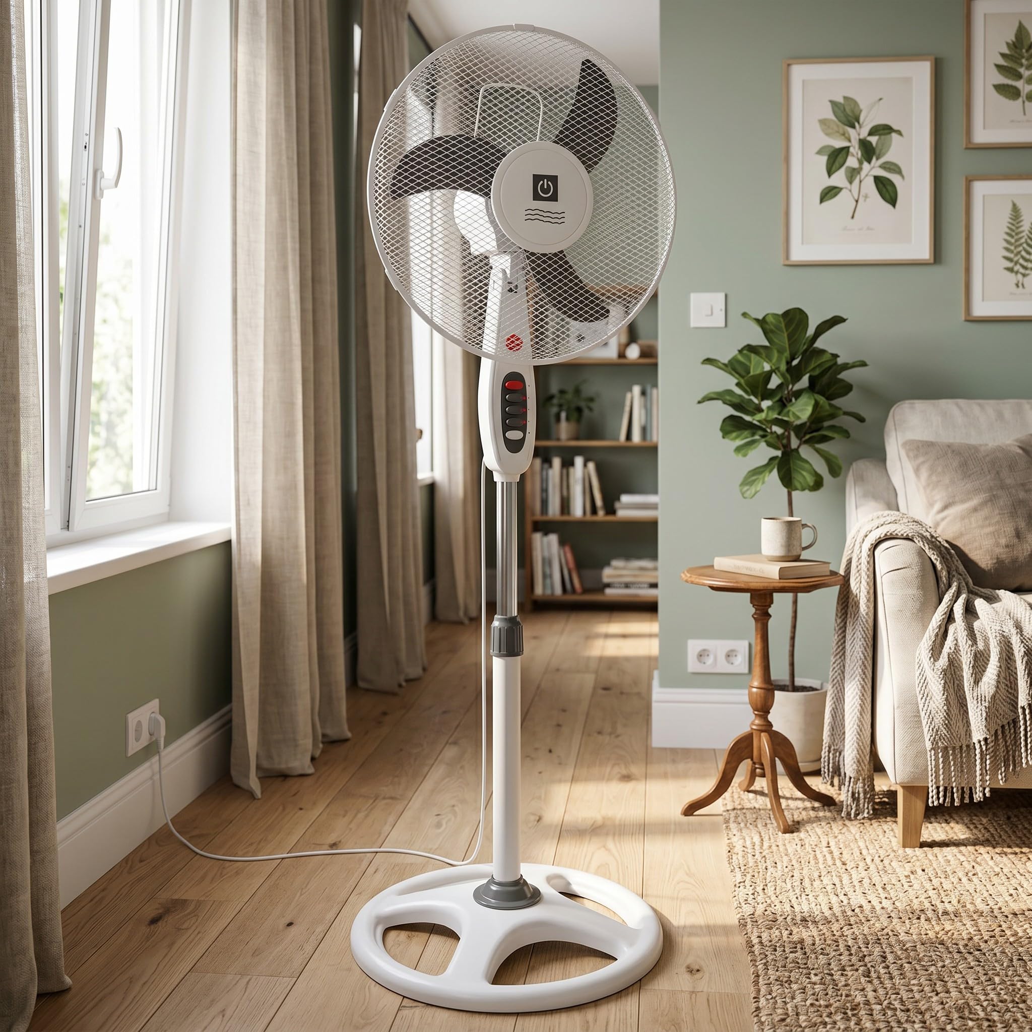 Ventilador de Pedestal 16" | Altura Regulable, 3 Velocidades, Motor Silencioso, Base Estable, Cabezal Oscilante
