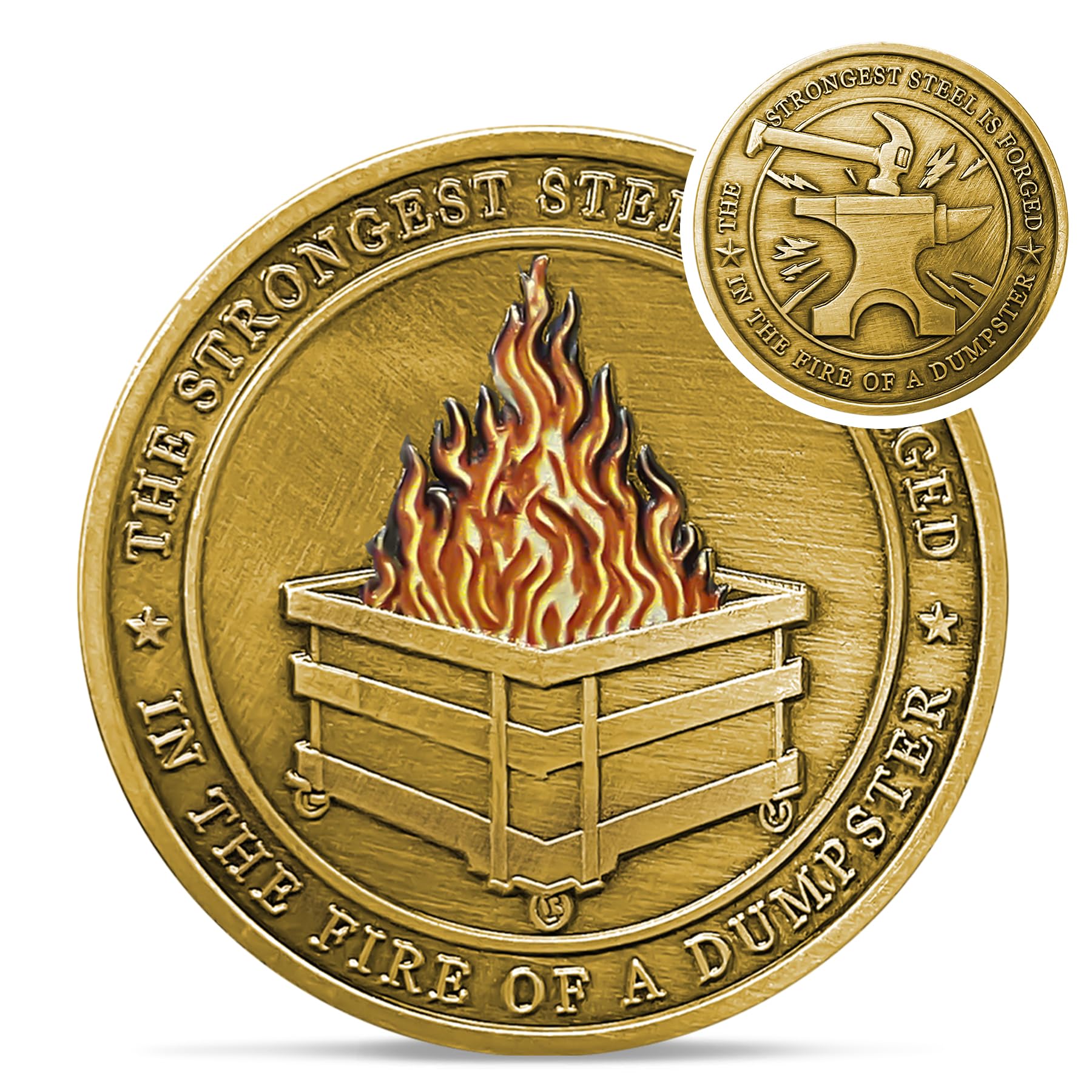 Gold Dumpster Fire Coin - Strong Steel Mini Dumpster Fire Challenge Coin - Funny Desk Accessories for Work - Unique Finds Supplies Token - Everything